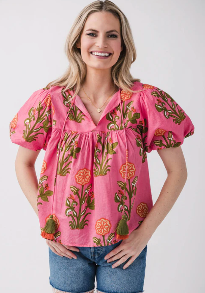 THML Printed Puff Sleeve Tassel Tie Blouse size M