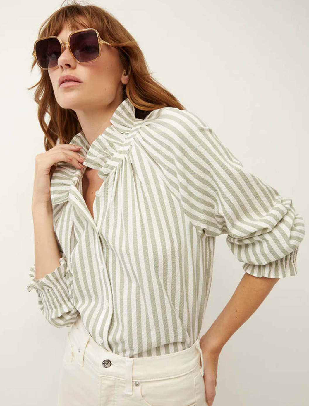 Veronica Beard Calisto Shirt in Sage/White size 2
