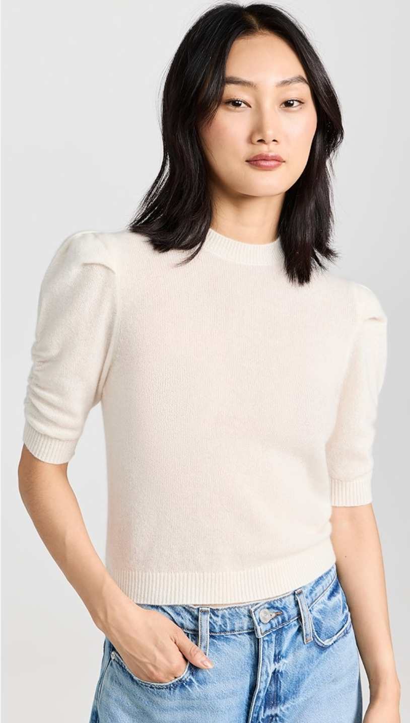 Frame Ruched Sleeve Cashmere Top Sweater size L