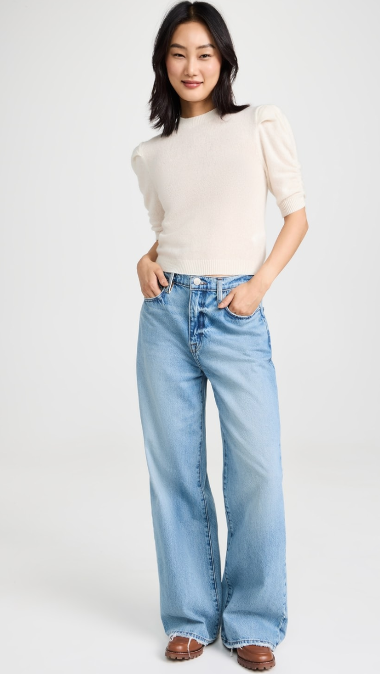 Frame Ruched Sleeve Cashmere Top Sweater size L