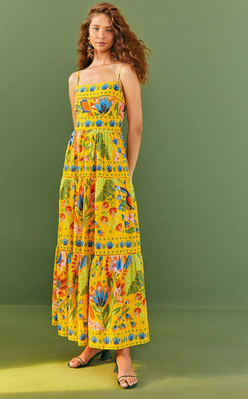 Farm Rio Yellow Summer Garden Sleeveless Maxi Dress size S