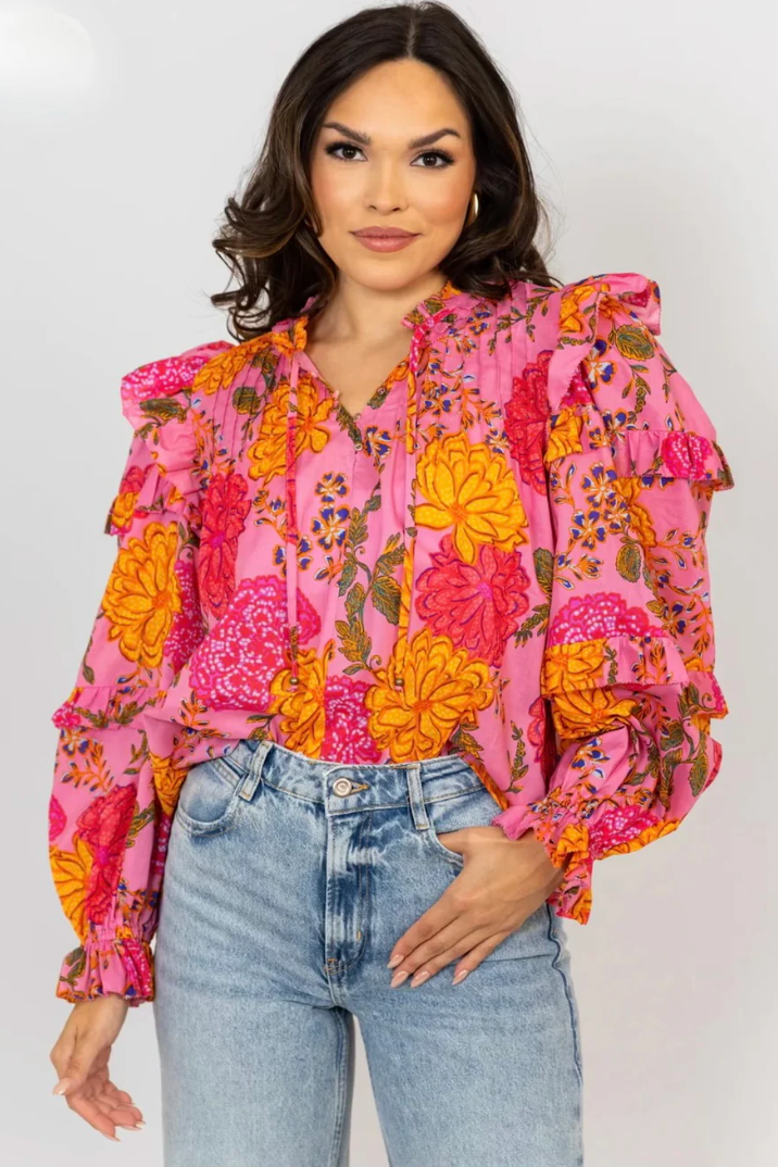 Olivaceous Floral Poplin Ruffle Sleeve Top size M