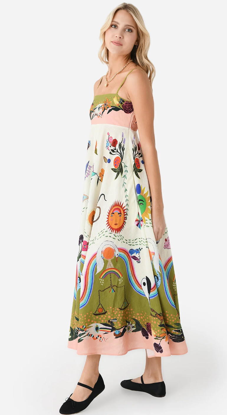 Alemais Evergreen Floral Linen Midi Sundress size US 2