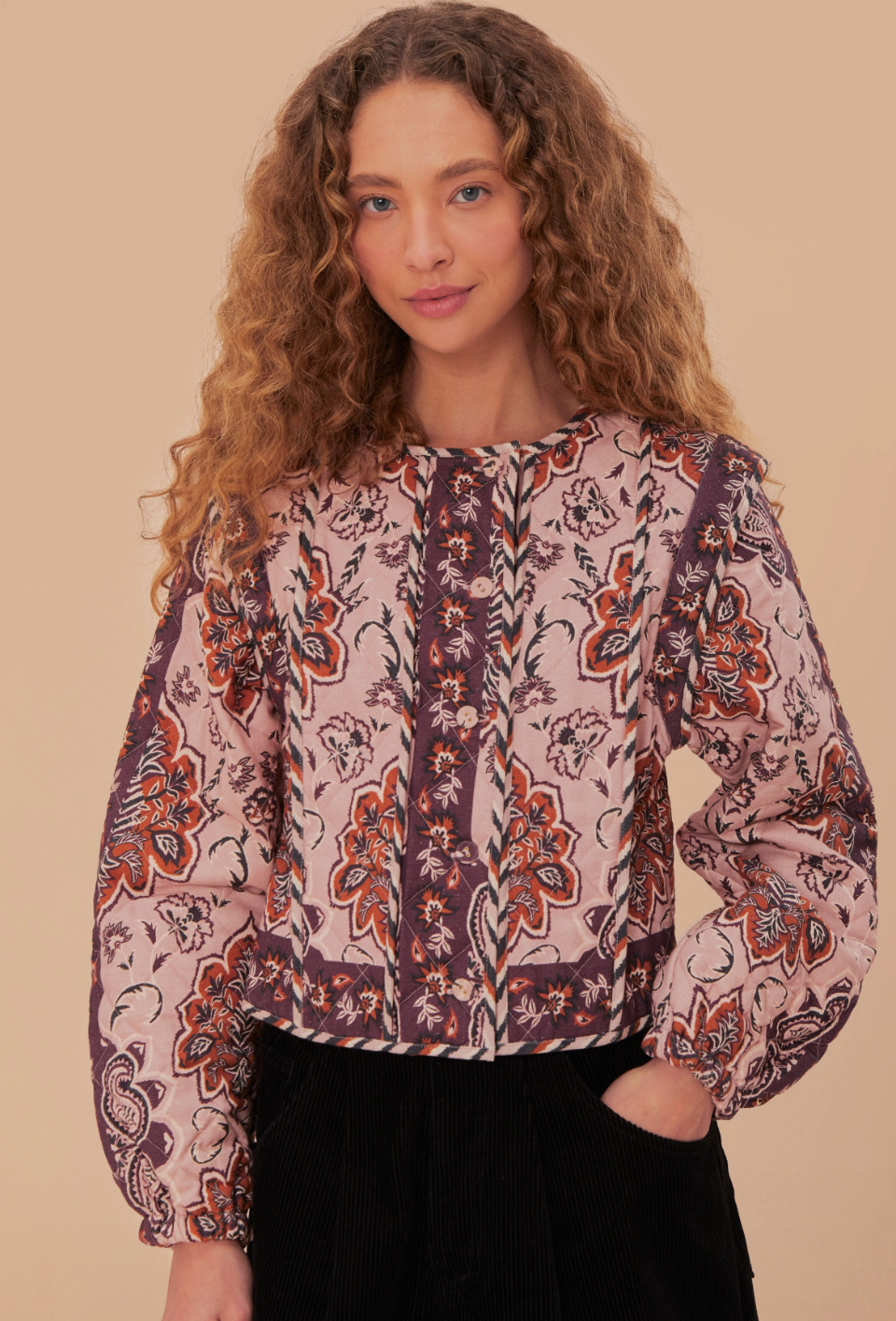 Farm Rio Glam Quilted Tapestry Burgundy Jacket size S