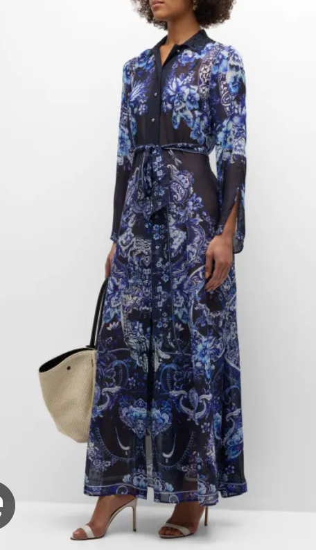 Camilla Floral Cutwork Lace Collar Long Sleeve Silk Shirtdress size L