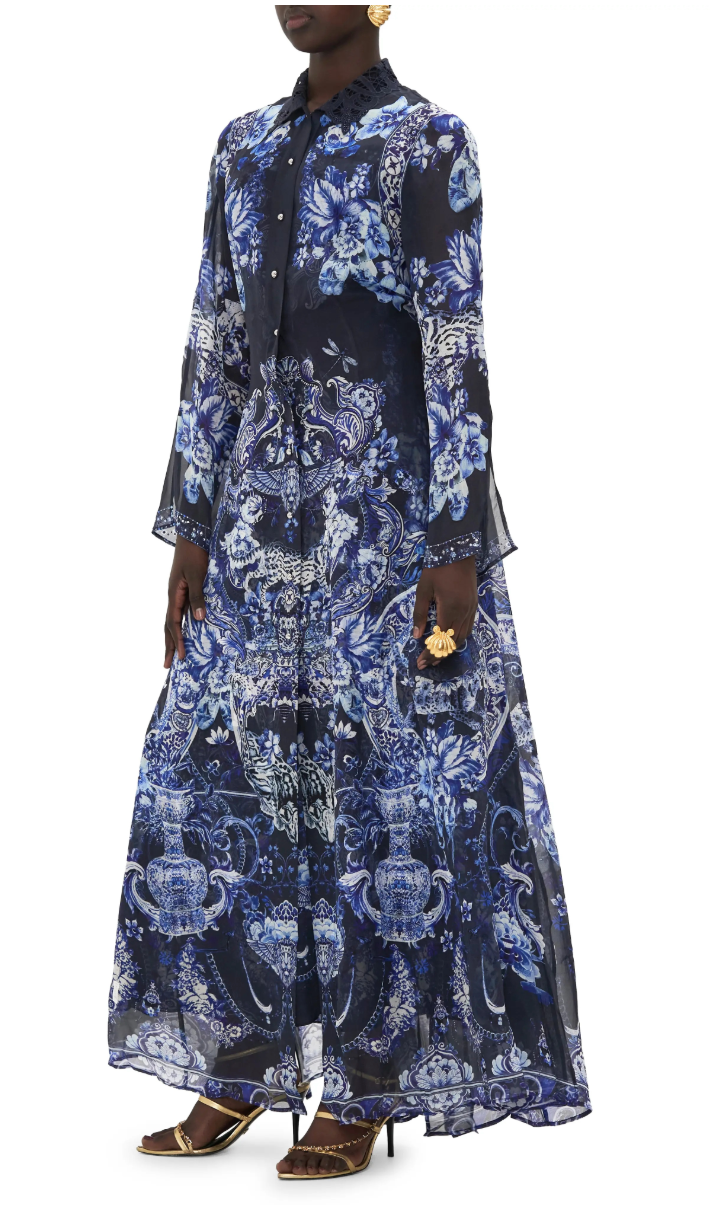 Camilla Floral Cutwork Lace Collar Long Sleeve Silk Shirtdress size L