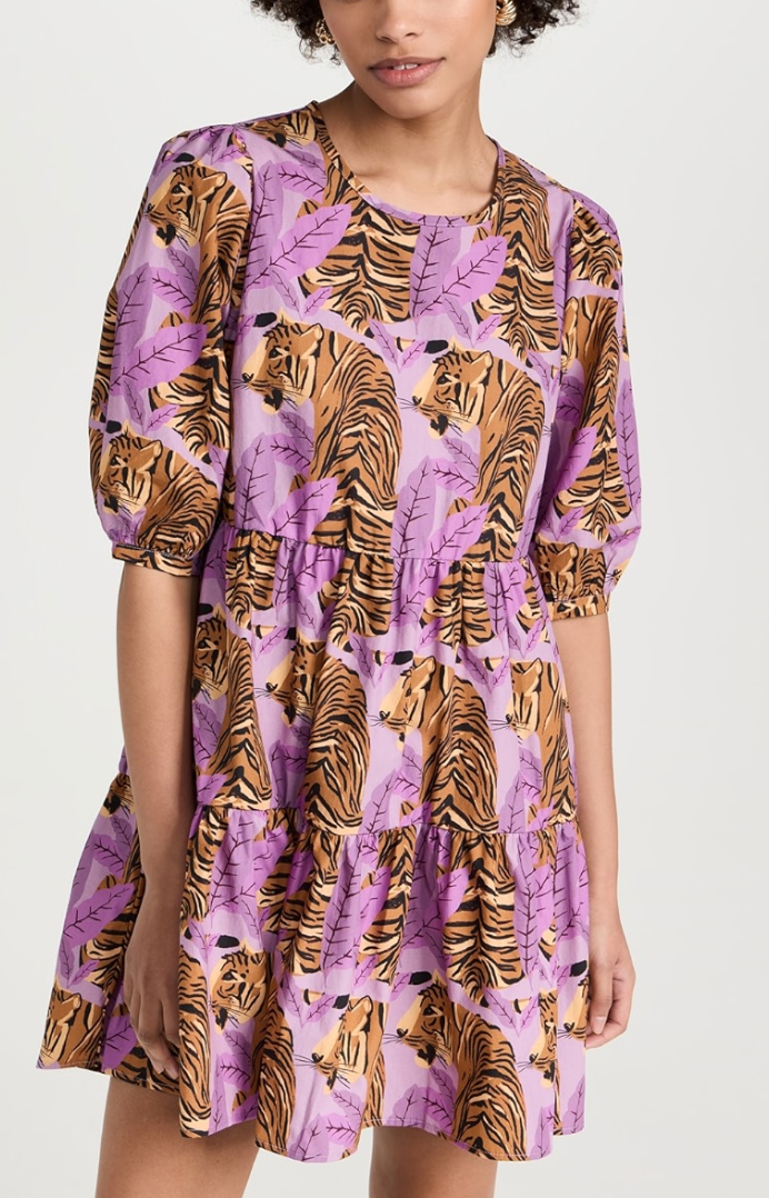 Farm Rio Tiger Leaves Lavender Puff Sleeve Mini Dress size L