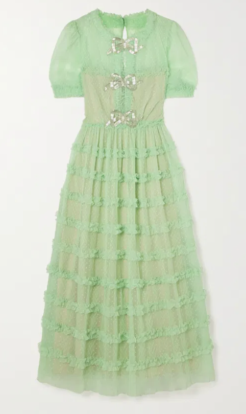 Saloni Camille Tiered Embellished Flocked Tulle Midi Dress size 2