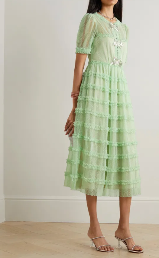Saloni Camille Tiered Embellished Flocked Tulle Midi Dress size 2