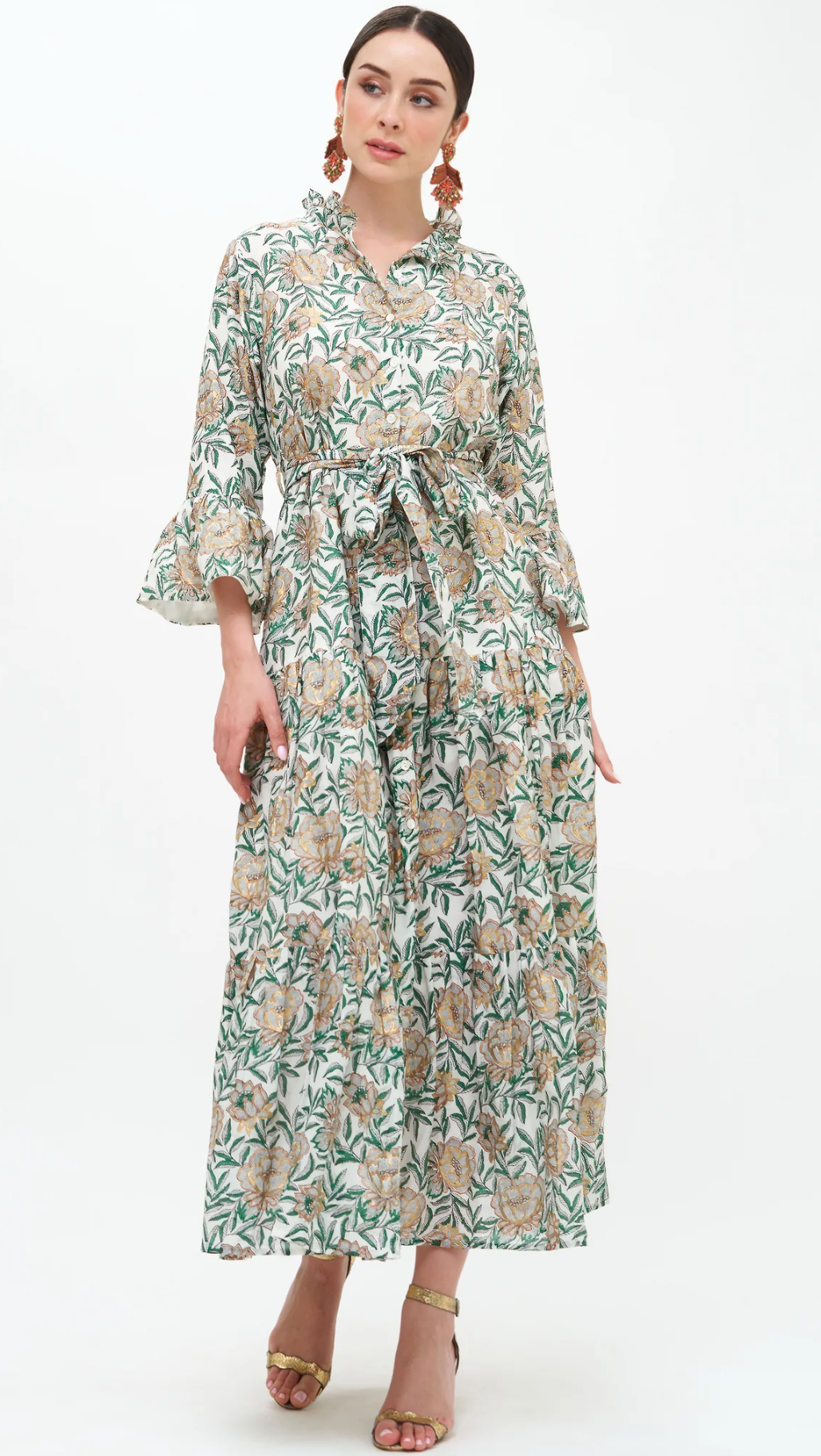 Oliphant Ruffle Collar Bell Maxi Dress in Hedera Green size L