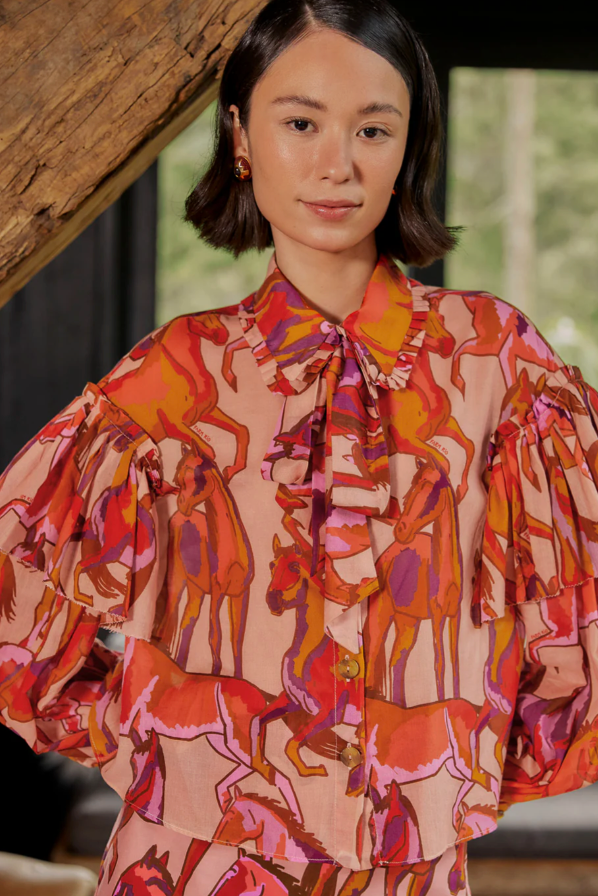 Farm Rio Wild Horses Rose Bow Neck Tie Blouse size M