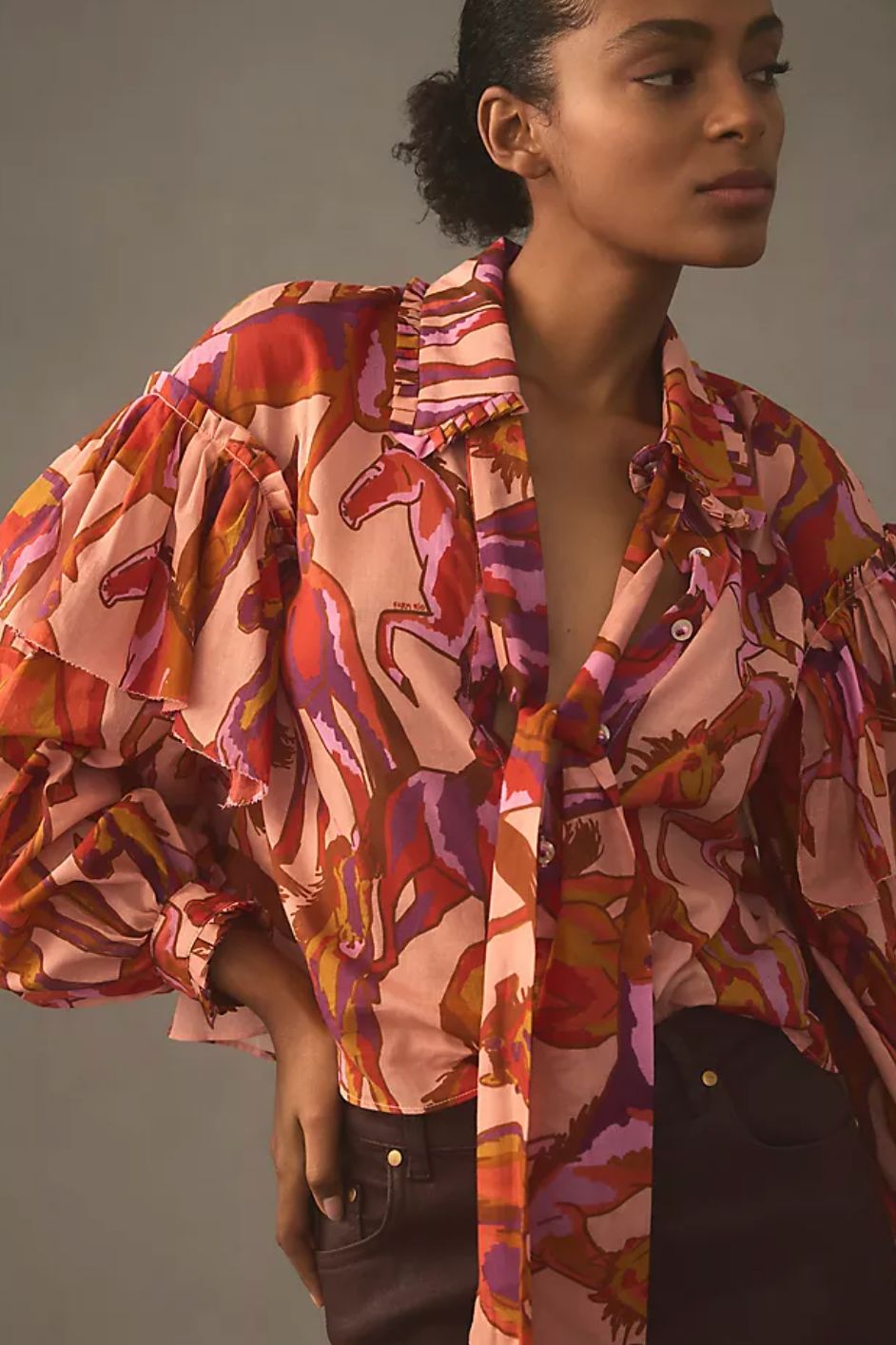 Farm Rio Wild Horses Rose Bow Neck Tie Blouse size M