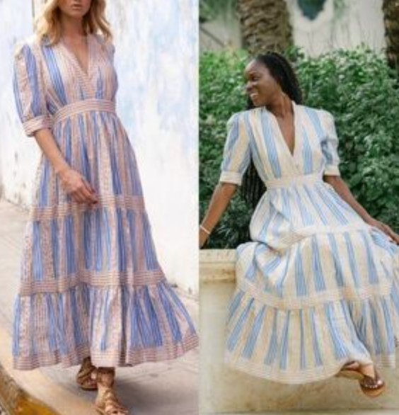 Oliphant V Neck Cuffed Maxi Dress Blue Gold size M