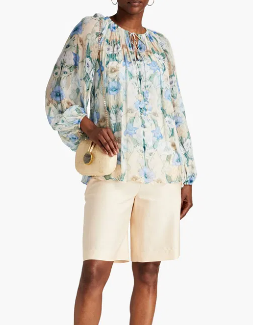 Zimmermann Rhythm Gathered Floral-Print Crepon Top size 6