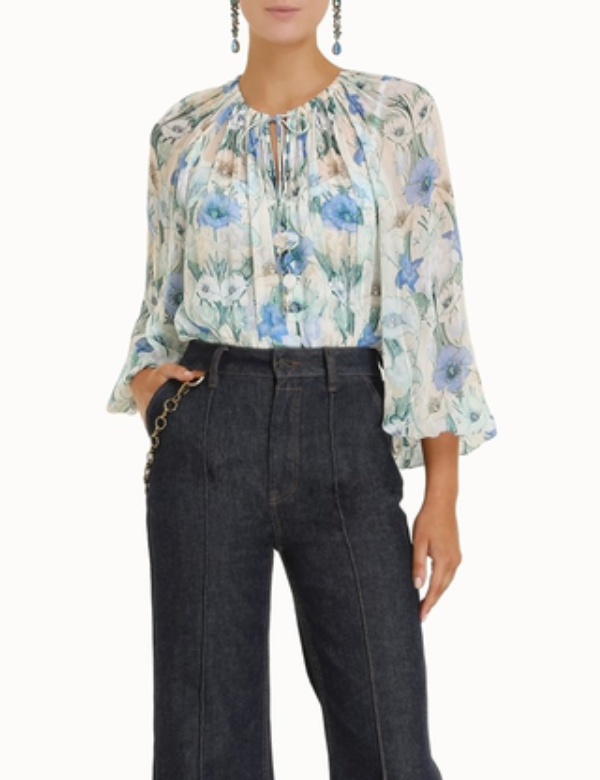 Zimmermann Rhythm Gathered Floral-Print Crepon Top size 6