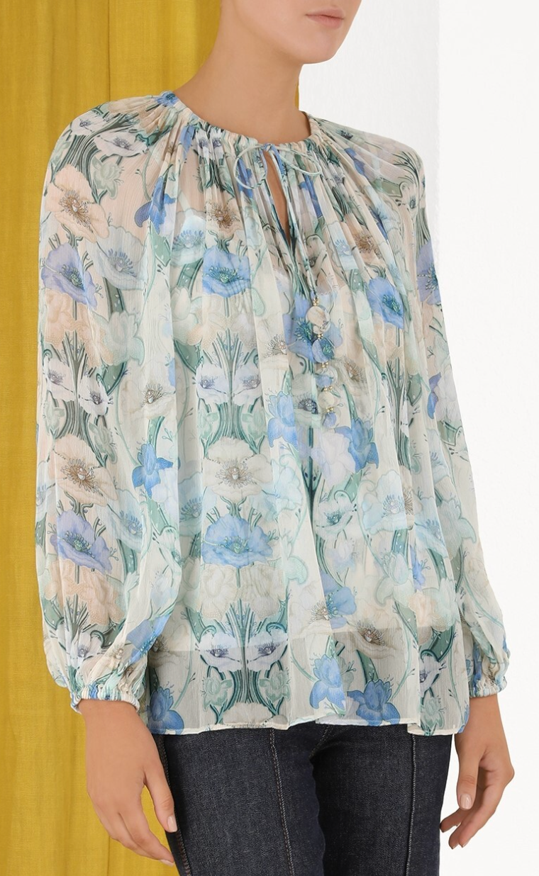 Zimmermann Rhythm Gathered Floral-Print Crepon Top size 6