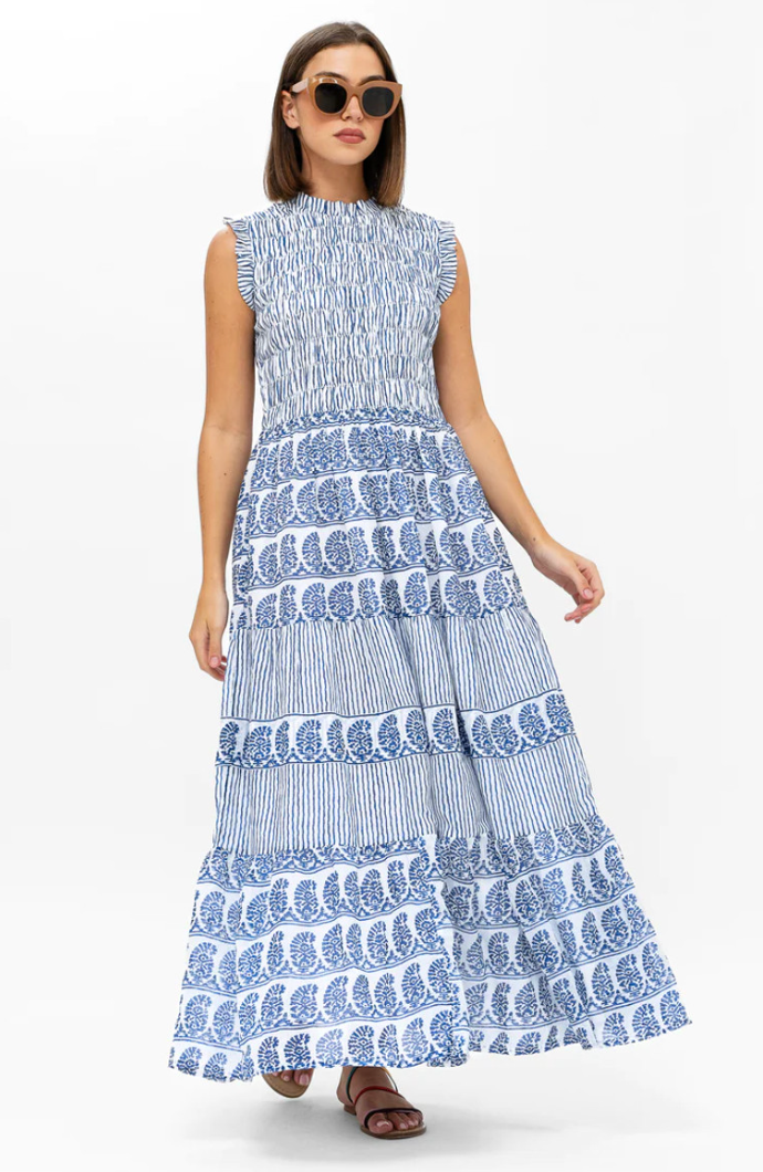 Oliphant Sorrento Blue Smocked Maxi Dress size XS