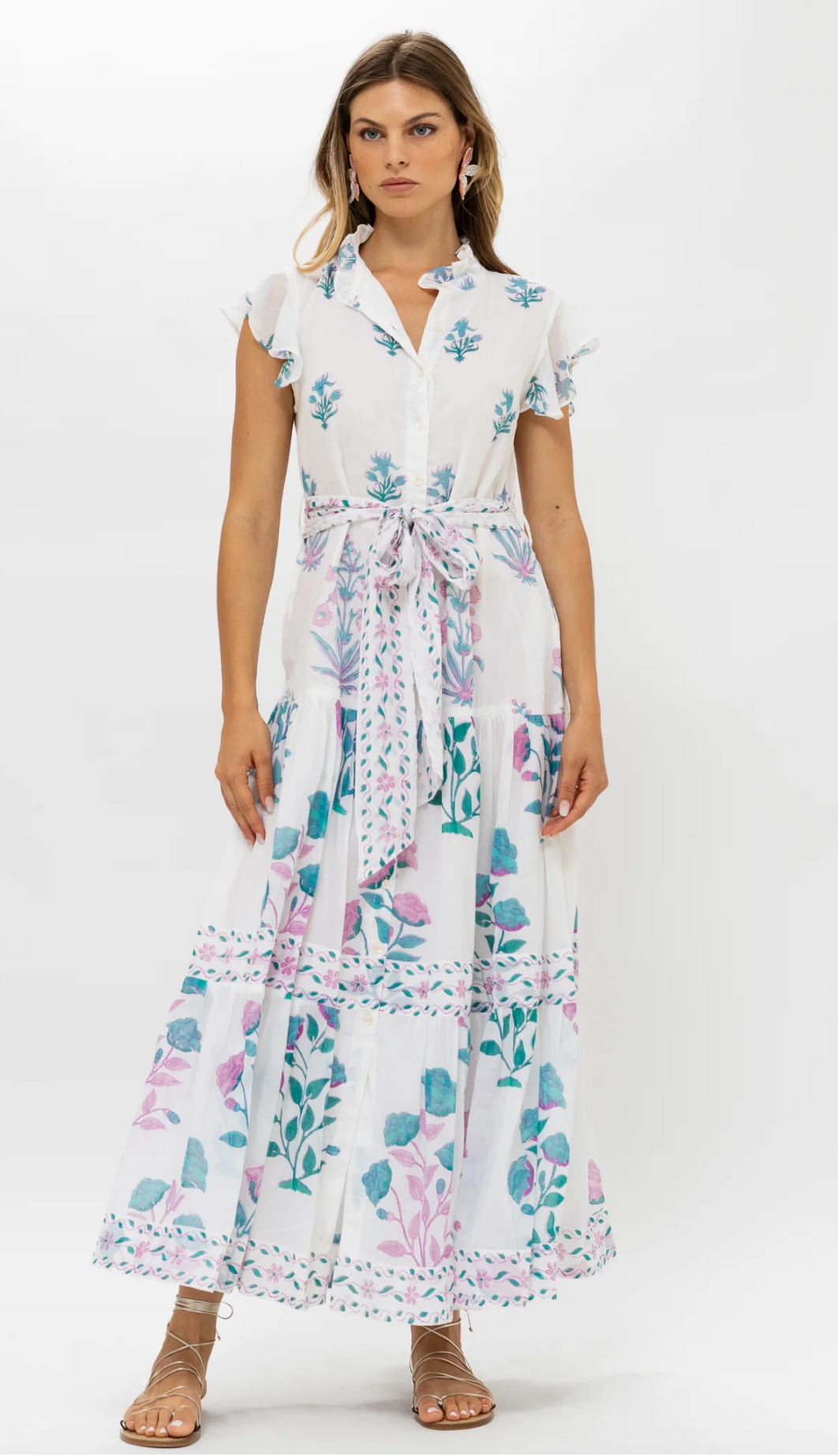 Oliphant Ruffle Sleeve Button Maxi Dress in Paladio Teal