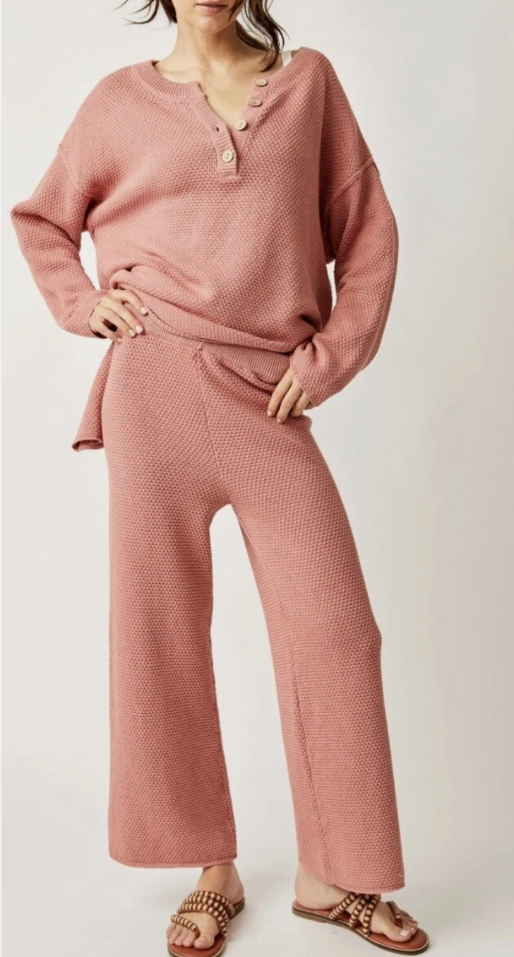 Free People Hailee Waffle Long Sleeve Top and Pants Knit Set size S