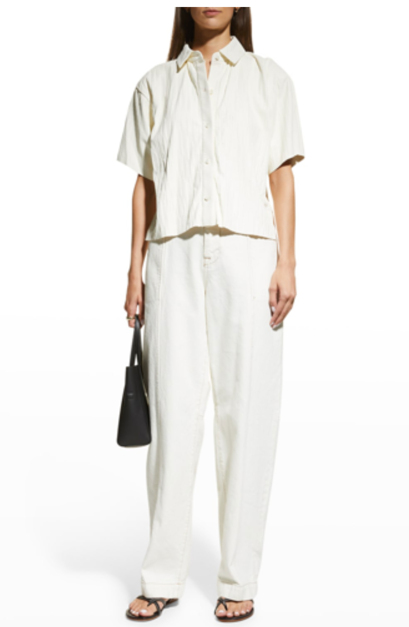 Frame Pleated Button-front Leather Shirt In Bone size M