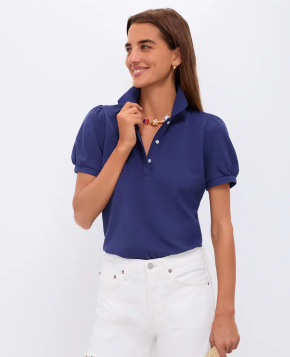 Tuckernuck Navy Pique Puff Sleeve Peggy Polo size M