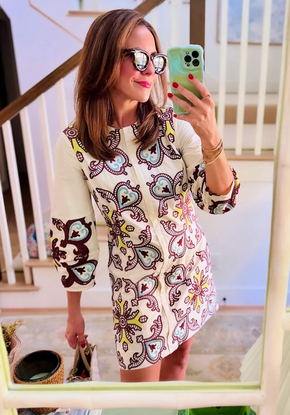 Tuckernuck Citron and Slate Blue Embroidered Long Sleeve Rhoda Tunic Dress size 10