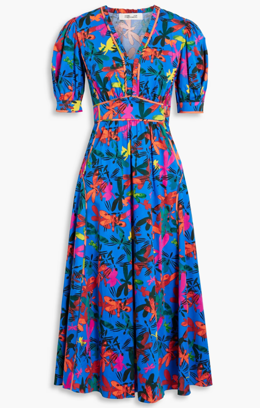 Diane Von Furstenberg Devon Printed Cotton-blend Sateen Midi Dress In Royal Blue size 16
