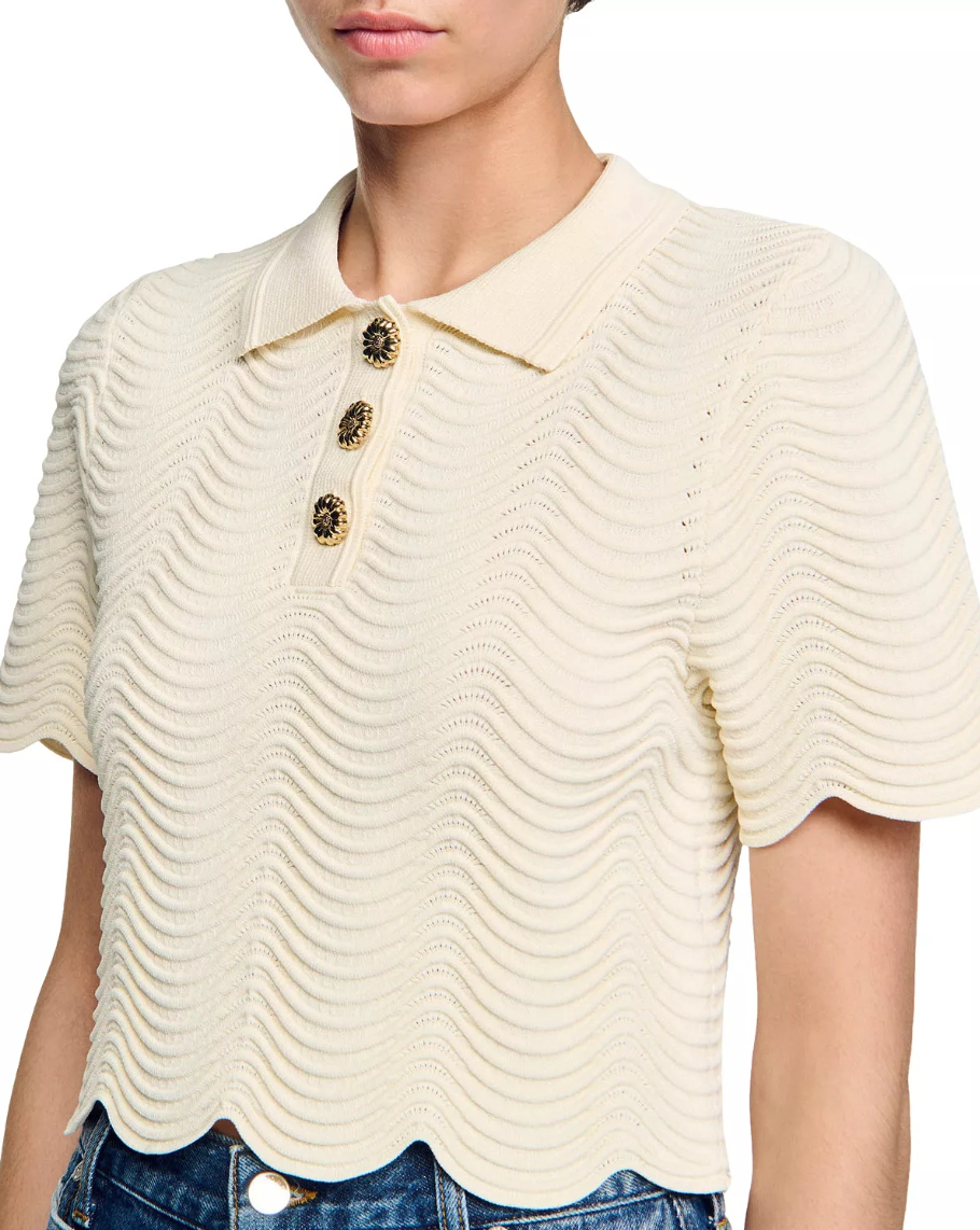 Sandro Campea Wavy Knit Cropped Polo Sweater size 36 - US 4