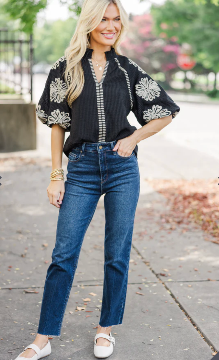 THML Be The Light Black Embroidered Blouse size L