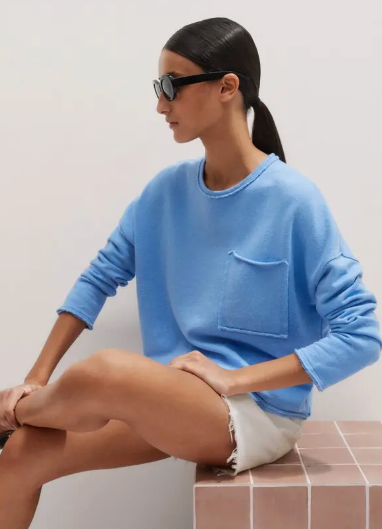 Me + Em Lightweight Raw Edge Boxy Top In Vivid Blue size 12