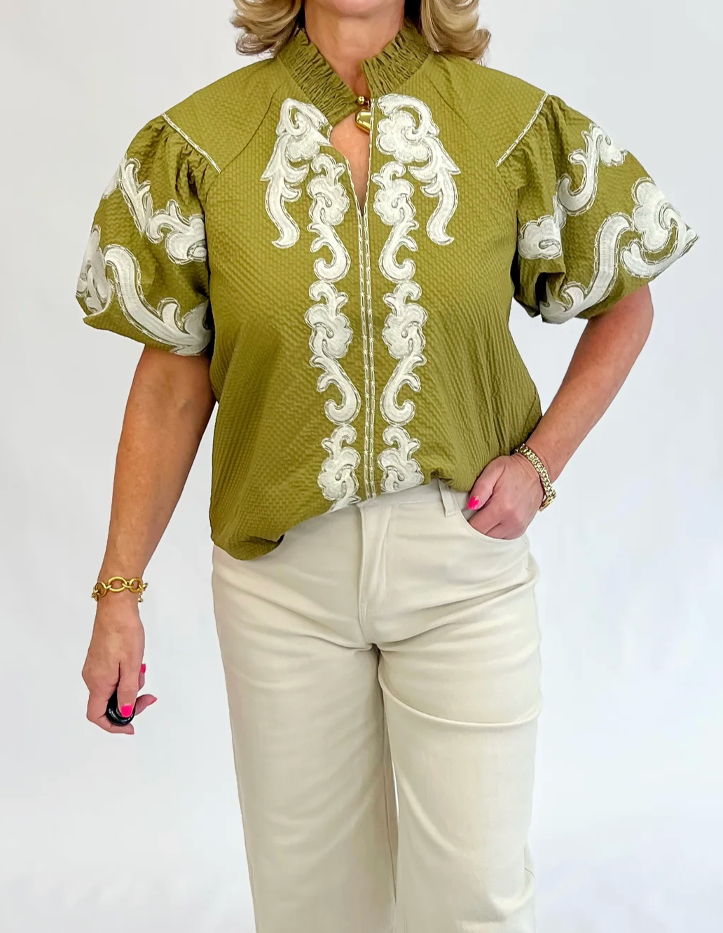 THML Olive Elegance Embroidered Top size L