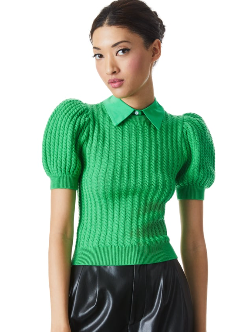 Alice and Olivia Chase Puff Sleeve Cable Knit Top size M