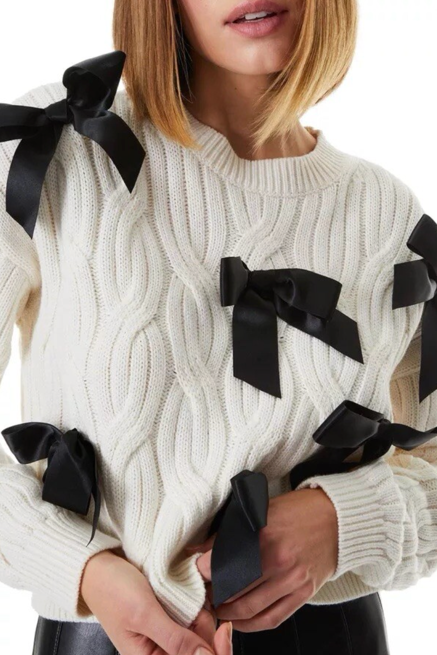 Alice and Olivia Beau Cable Knit Bow Sweater in Ecru Black size M
