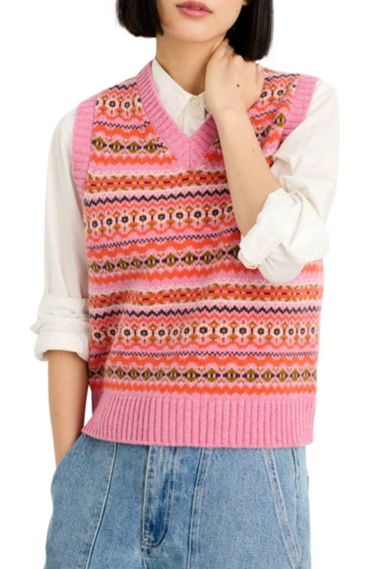 Alex Mill Francis Fair Isle Wool Vest In Peony Combo size M