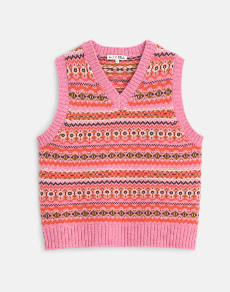 Alex Mill Francis Fair Isle Wool Vest In Peony Combo size M