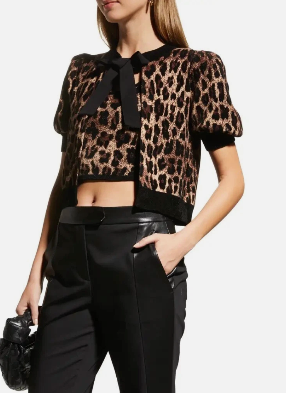 Alice + Olivia Kitty Leopard Puff Sleeve Bow Cardigan Sweater size L