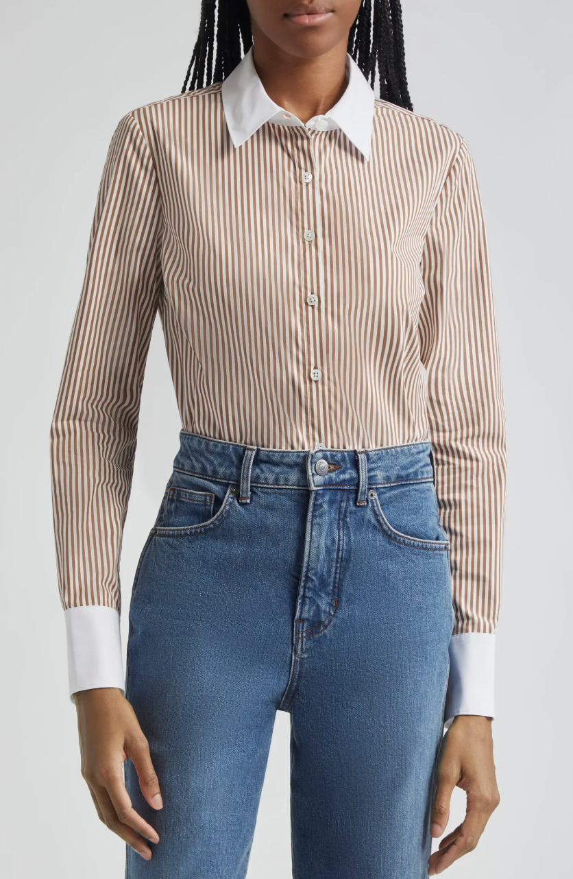 Veronica Beard Marisol Stripe Contrast Detail Cotton Blend Button-Up Shirt size 0