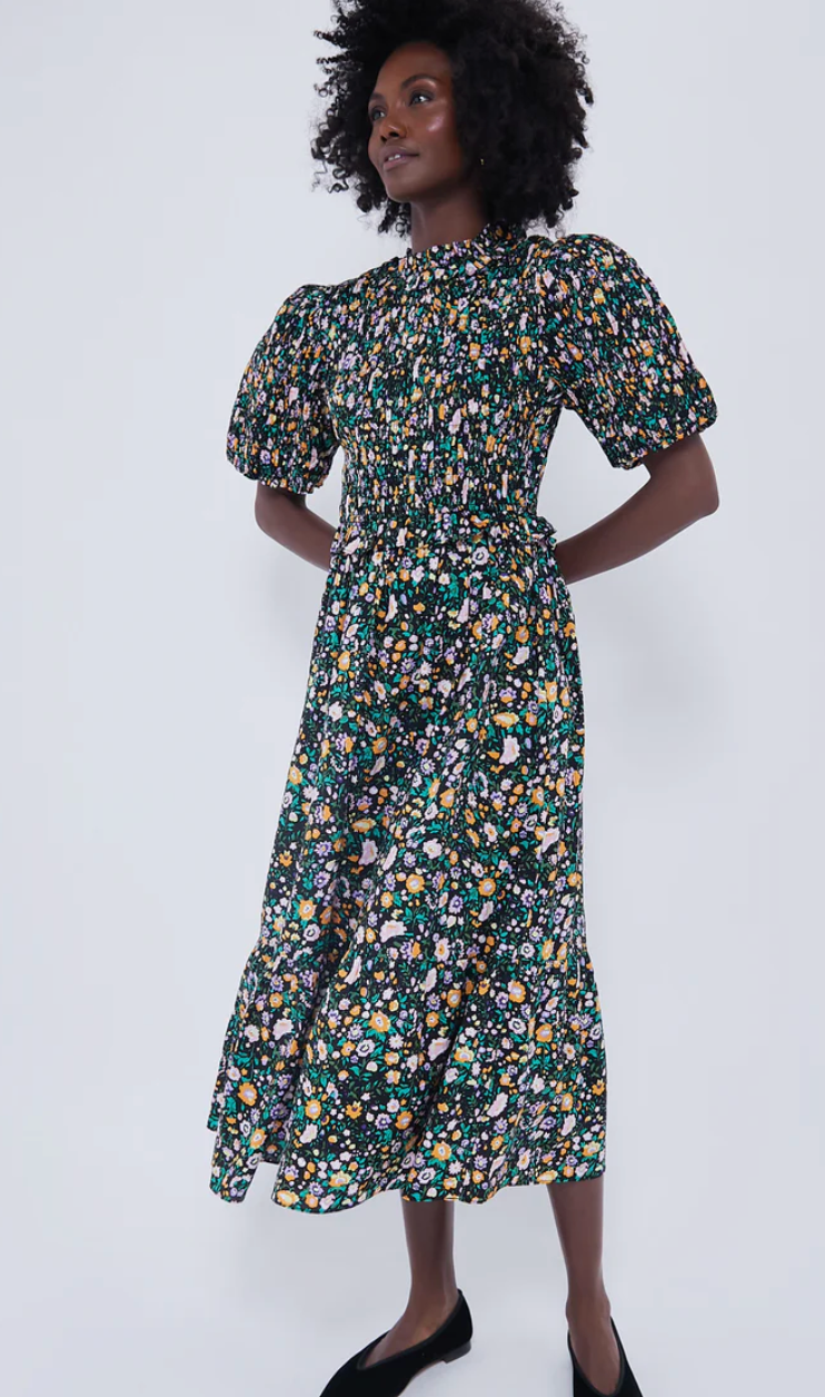 Hyacinth House Black Multi Floral Smocked Samantha Midi Dress size M
