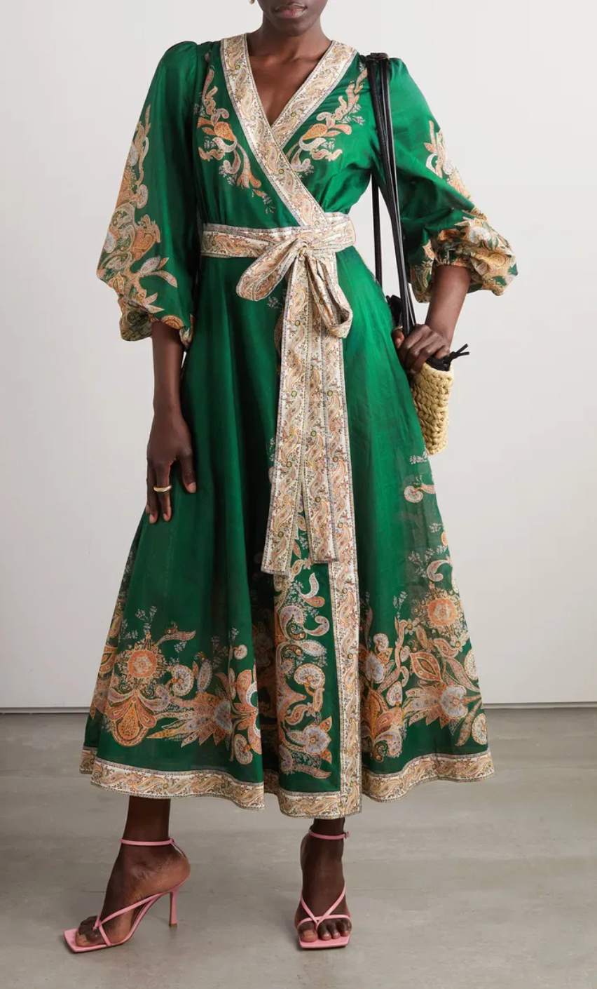 Zimmermann Devi Paisley Wrap Midi Dress in Emerald size 10
