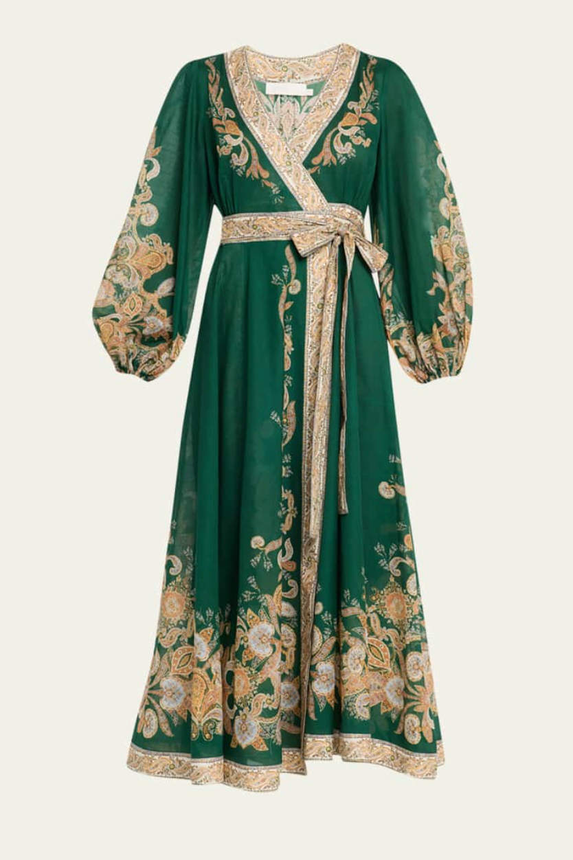 Zimmermann Devi Paisley Wrap Midi Dress in Emerald size 10
