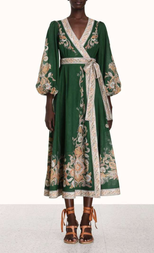 Zimmermann Devi Paisley Wrap Midi Dress in Emerald size 10