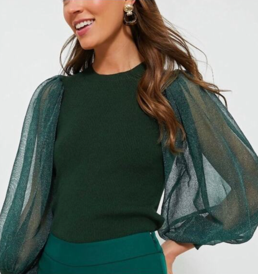 Tuckernuck Betsy Sheer Balloon Sleeve Knit Blouse Green size X: