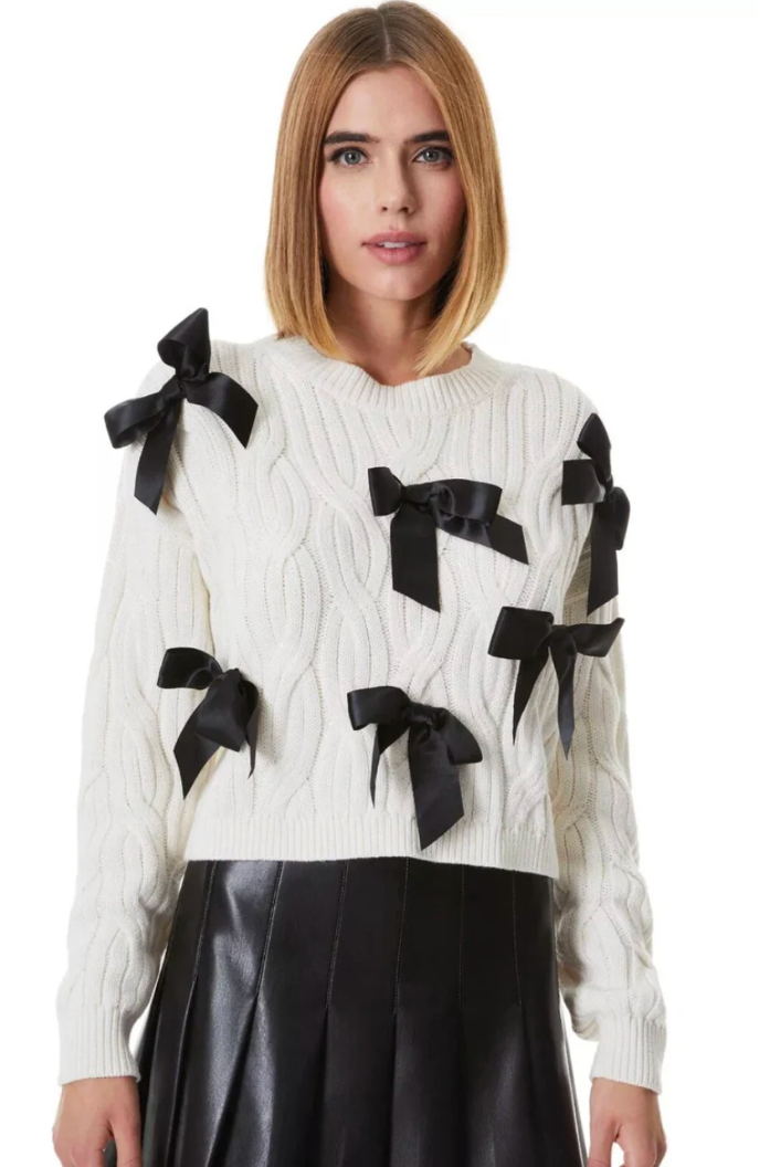 Alice and Olivia Beau Cable Knit Bow Sweater in Ecru Black size S