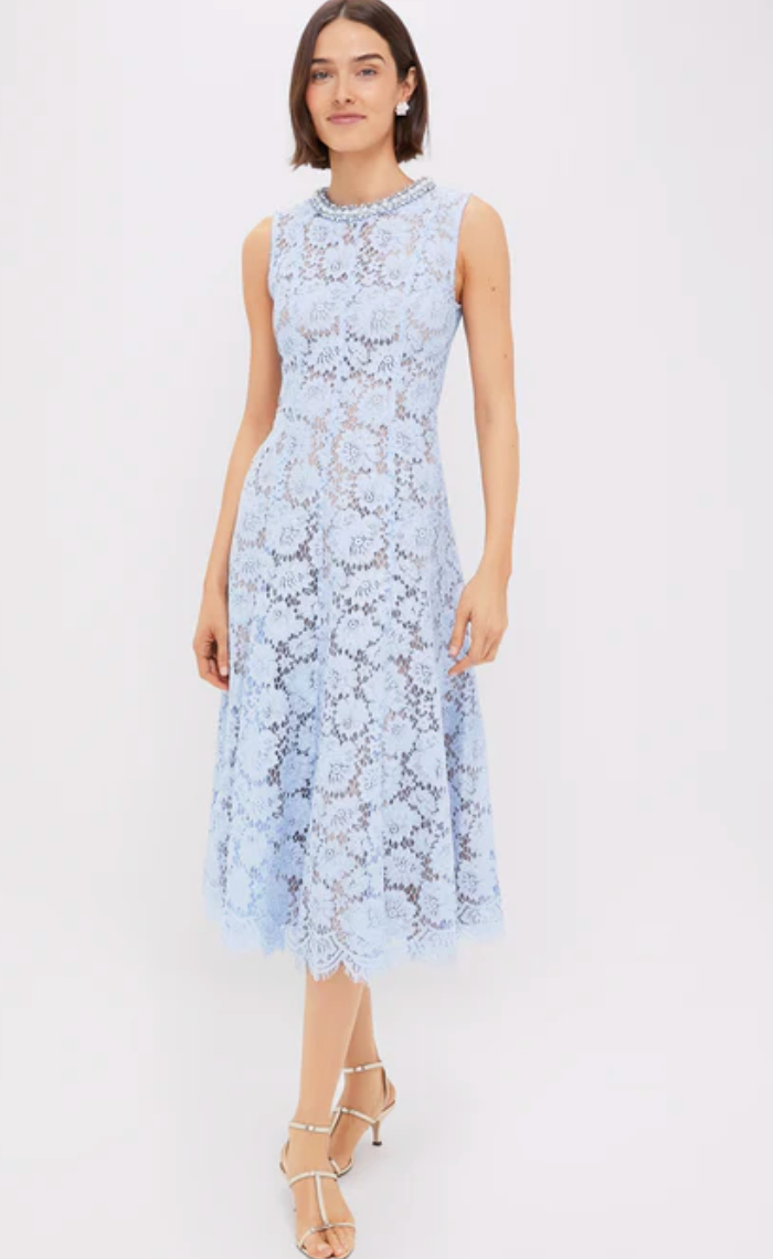 Self Portrait Blue Fine Lace Pearl Midi Dress size US 2