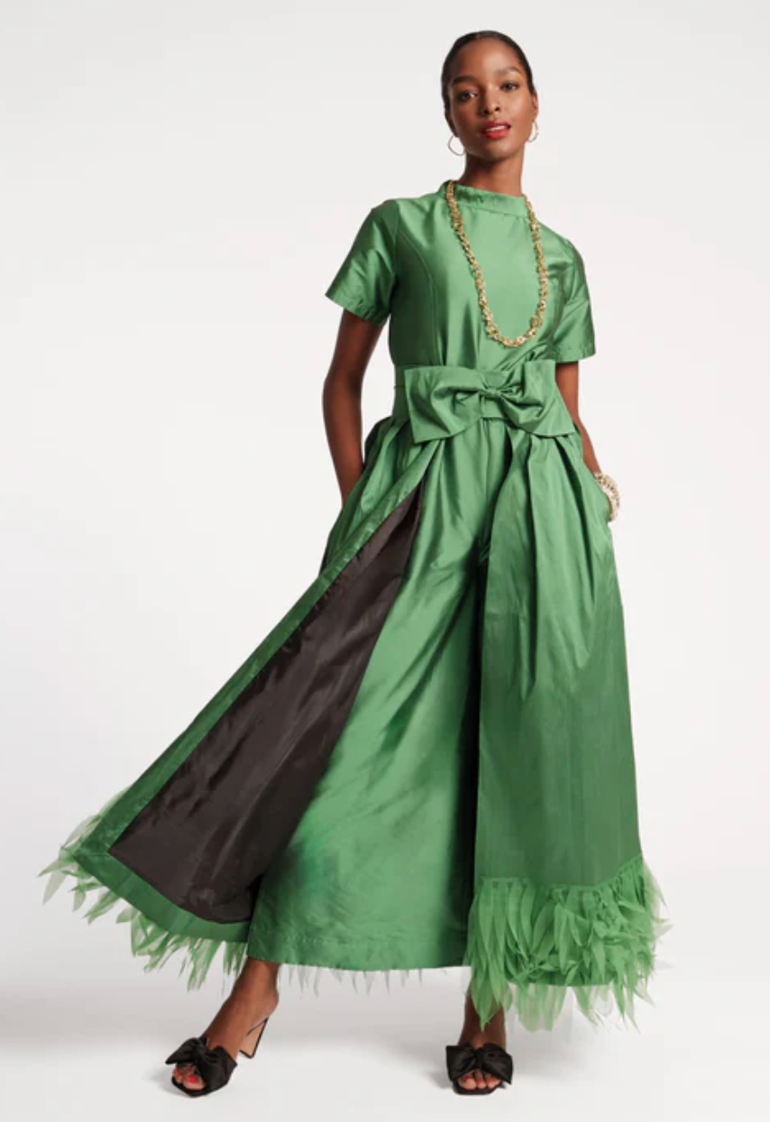Frances Valentine Jody Jumpsuit Feather Fringe - Emerald size 4