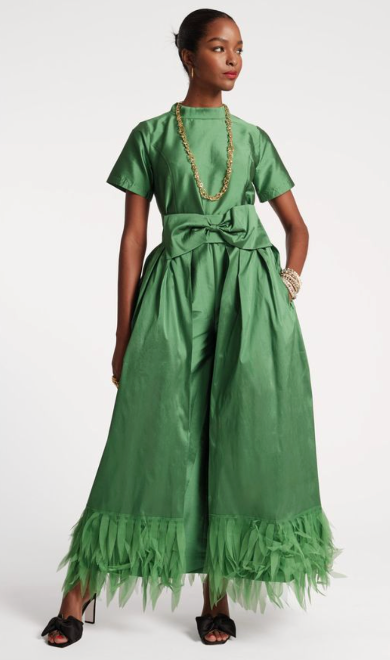 Frances Valentine Jody Jumpsuit Feather Fringe - Emerald size 4
