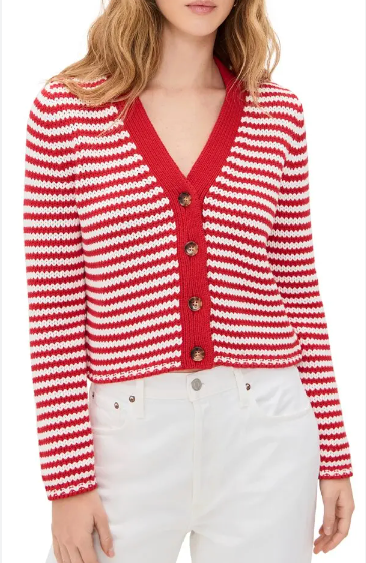 La Ligne Fine Stripe Mini Marina Cardigan - red/cream size L