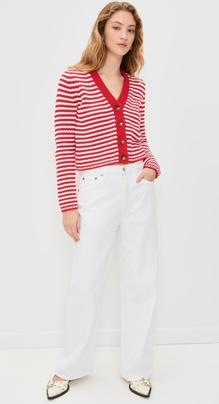 La Ligne Fine Stripe Mini Marina Cardigan - red/cream size L