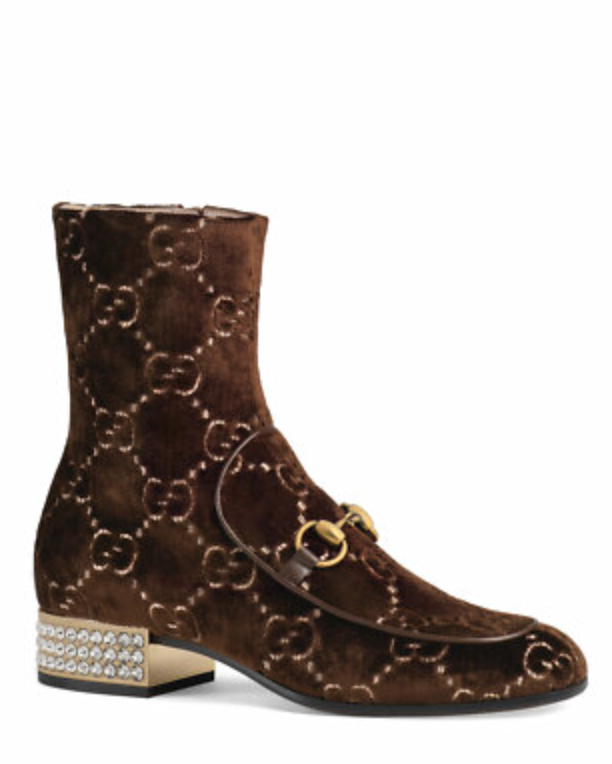 Gucci Brown GG Velvet Ankle Boots With Crystal Heels size 36.5