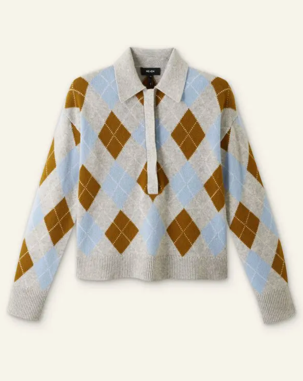 Me+Em Merino Cashmere Argyle Polo Sweater size L